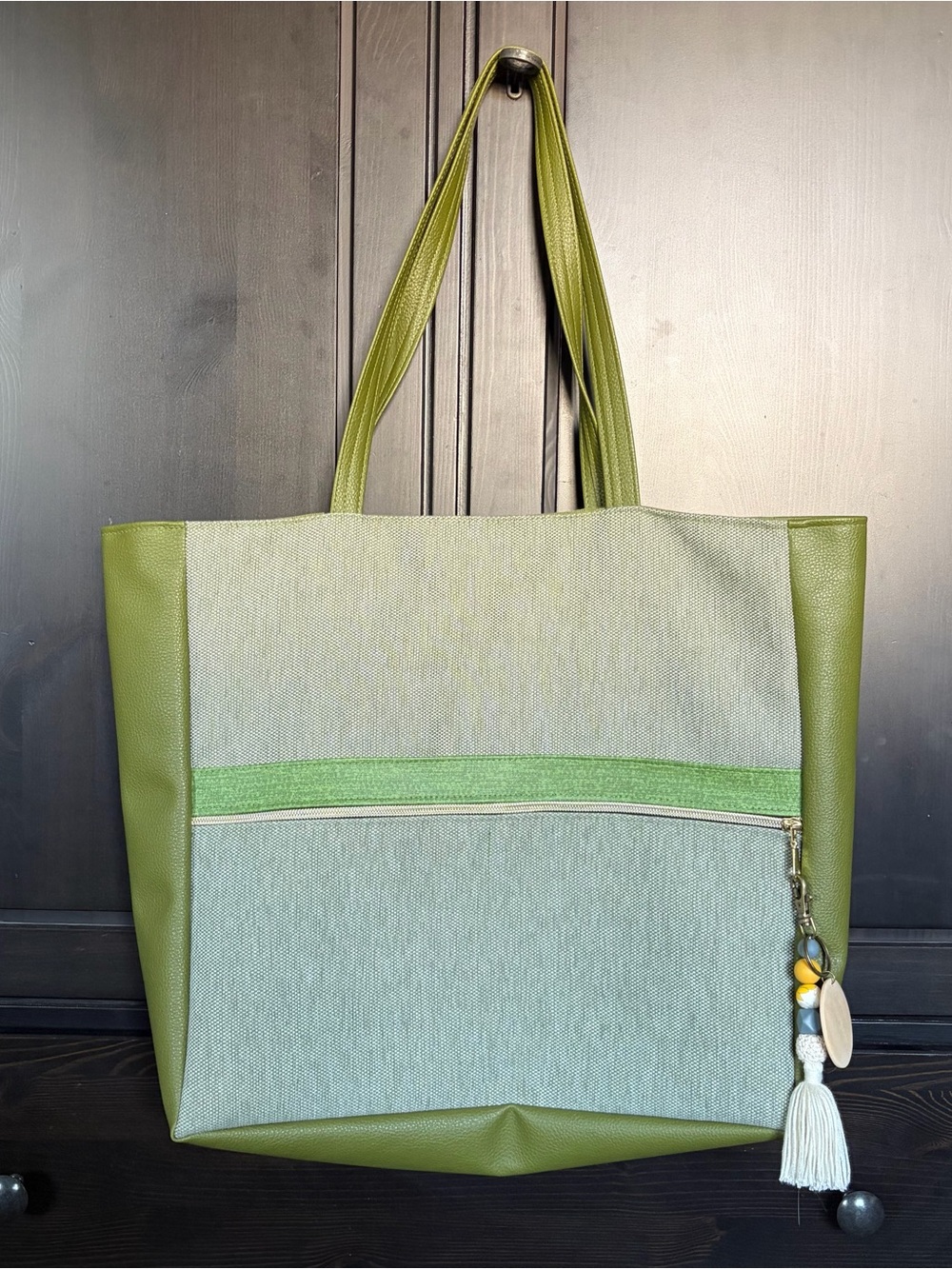 Handcrafted Mid-Sized Green Tote Lined With Removable Zipper Pull